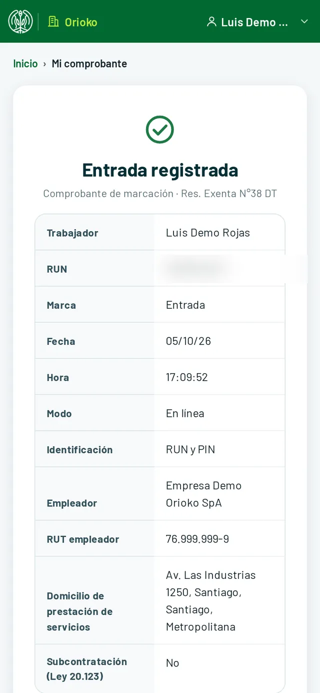 Comprobante de marcación según la Resolución Exenta N°38 con los datos del trabajador y del empleador
