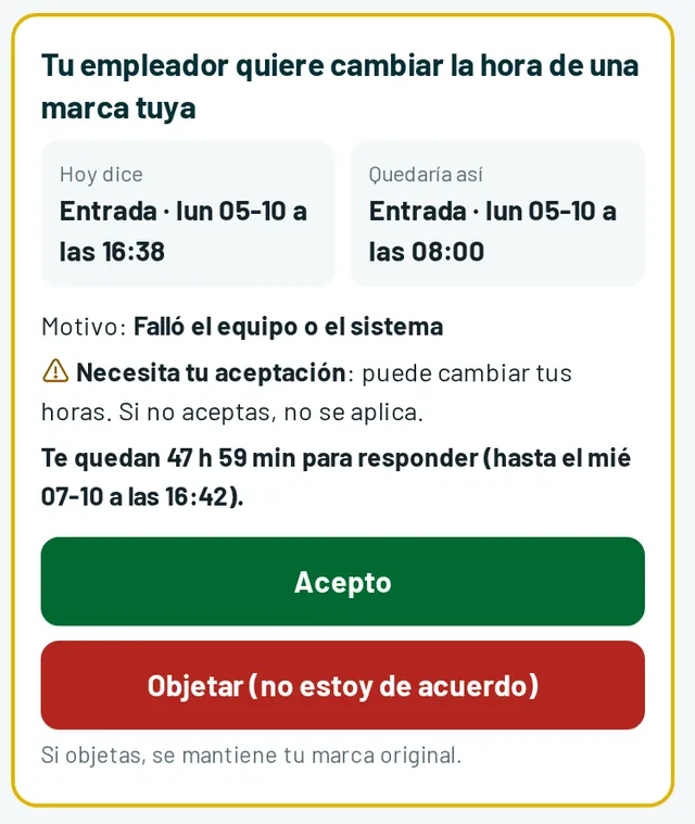 Aviso al trabajador: su empleador quiere cambiar la hora de una marca; botones Acepto y Objetar