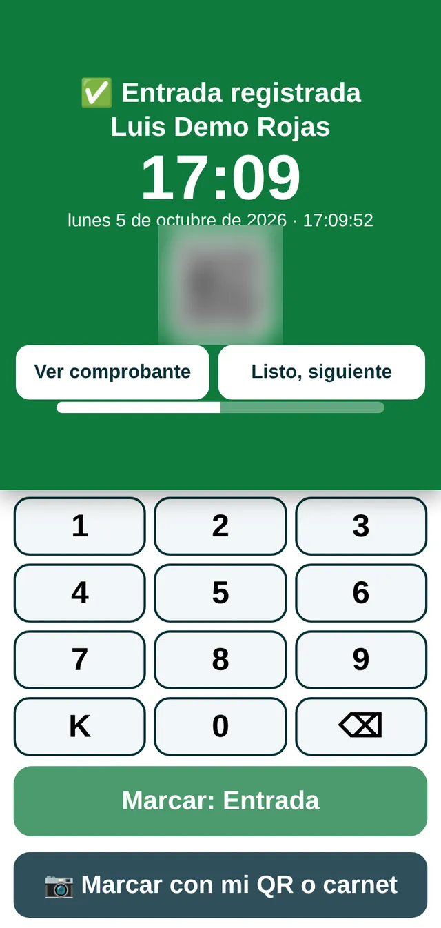 Mensaje Entrada registrada, con la hora exacta