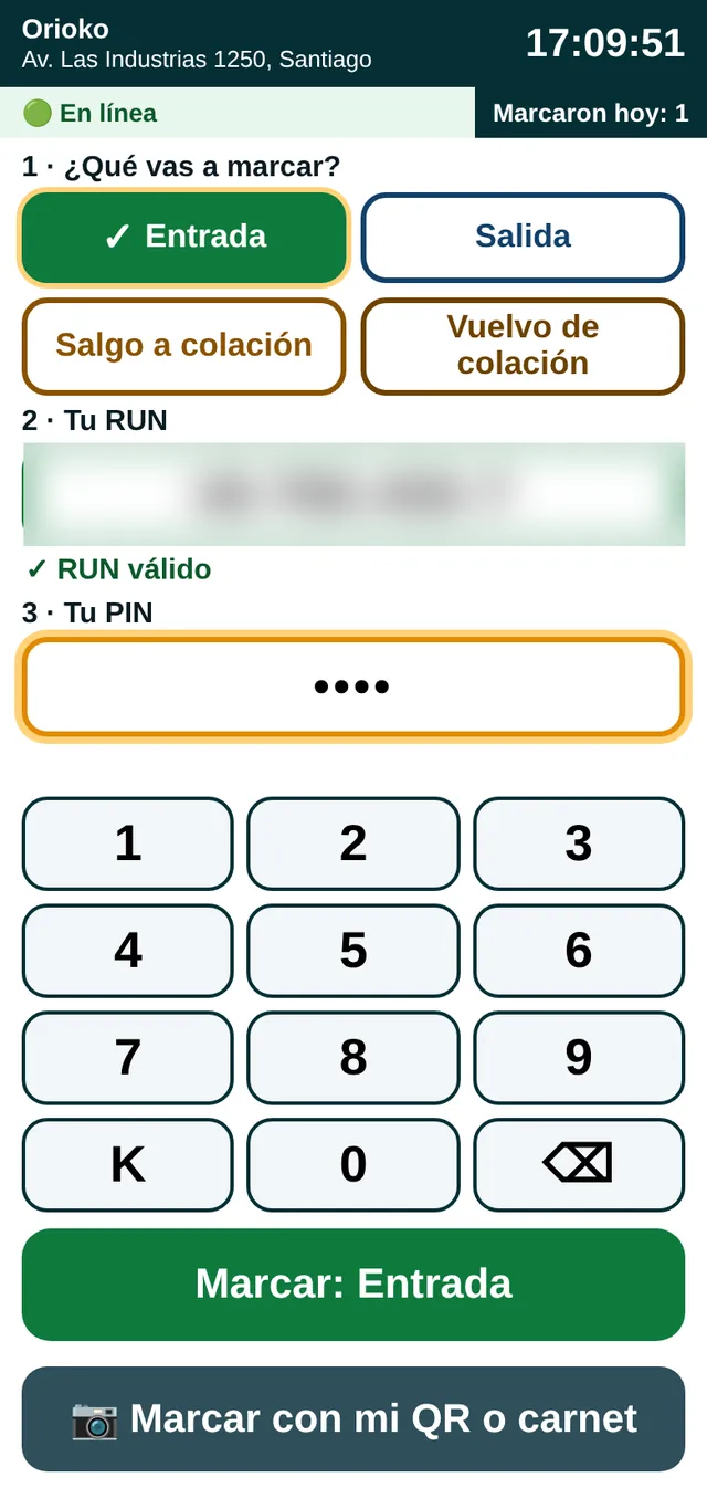 Pantalla de marcación en la tablet: tipo de marca, RUN difuminado y PIN