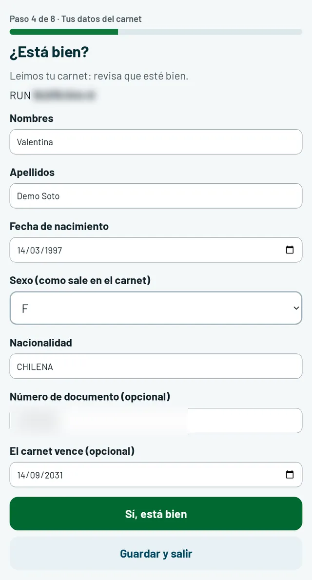 Orioko leyó el carnet: datos para revisar, con RUN y número de documento difuminados