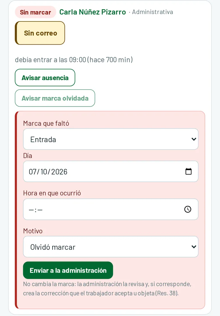 Vista del supervisor: quién no ha marcado y botones Avisar ausencia y Avisar marca olvidada