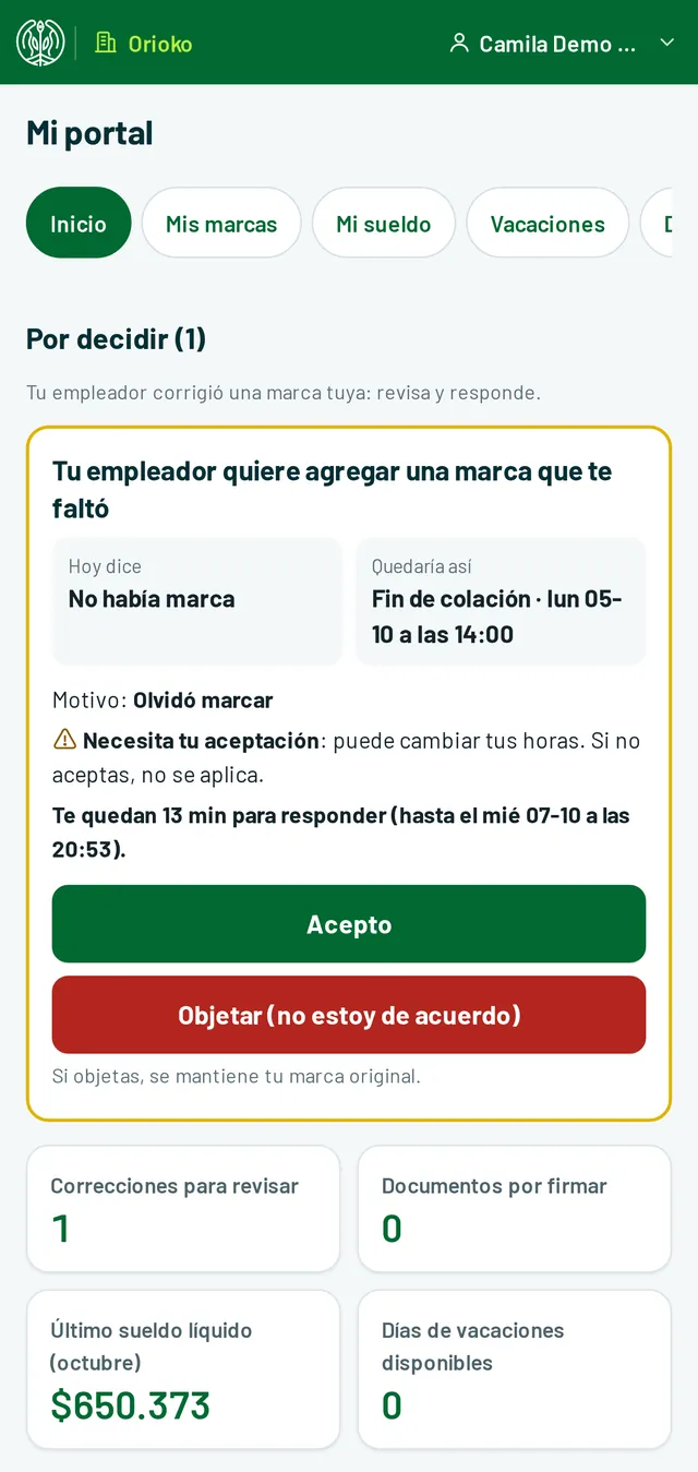Portal del trabajador con sus pendientes, liquidación y vacaciones